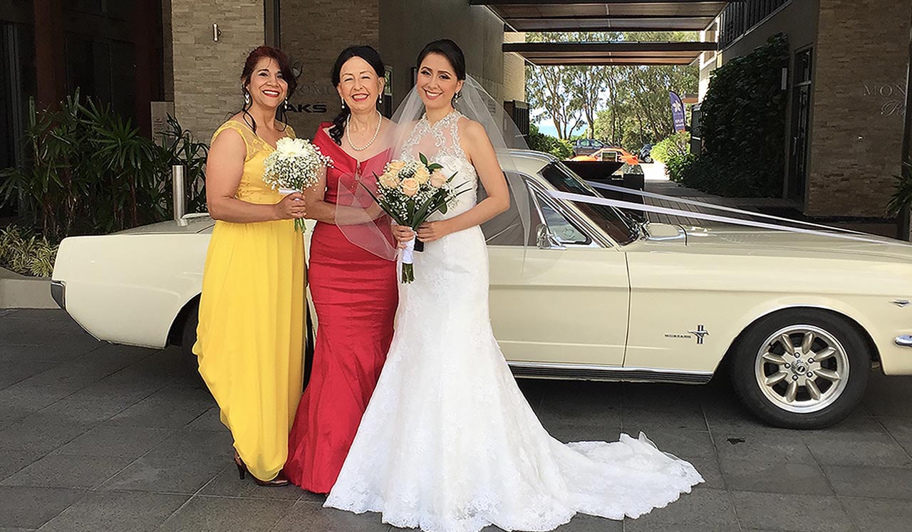 Side view Blue Shelby 1965 Mustang Fastback  - 2 hot bridal models wedding expo Montville